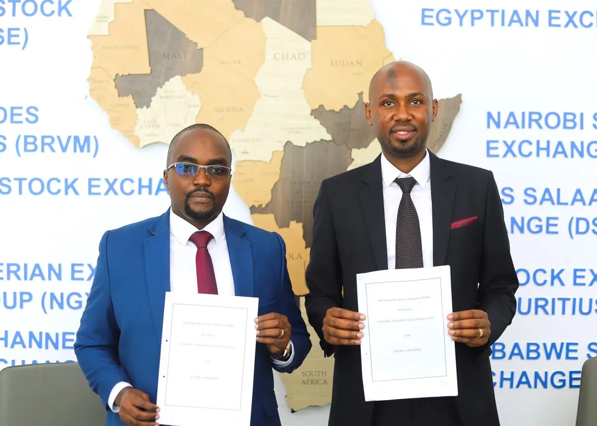 Ramadhan Kagwandi, CEO of Exodus Investment (left) and Benedict Ishabakaki (right), Executive Partner at Victory Attorneys during the signing of the agreement