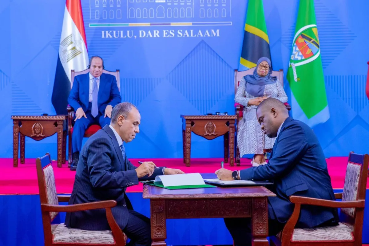 The President of the United Republic of Tanzania, H.E. Dr. Samia Suluhu Hassan, together with her guest, the President of the Arab Republic of Egypt, H.E. Abdel Fattah El-Sisi, as they witnessed the signing of Agreements and Instruments of Ratification in the electricity sector, renewable energy, as well as various transport-related matters between Tanzania and Egypt. The event took place at the State House in Dar es Salaam on 18 July, 2026.