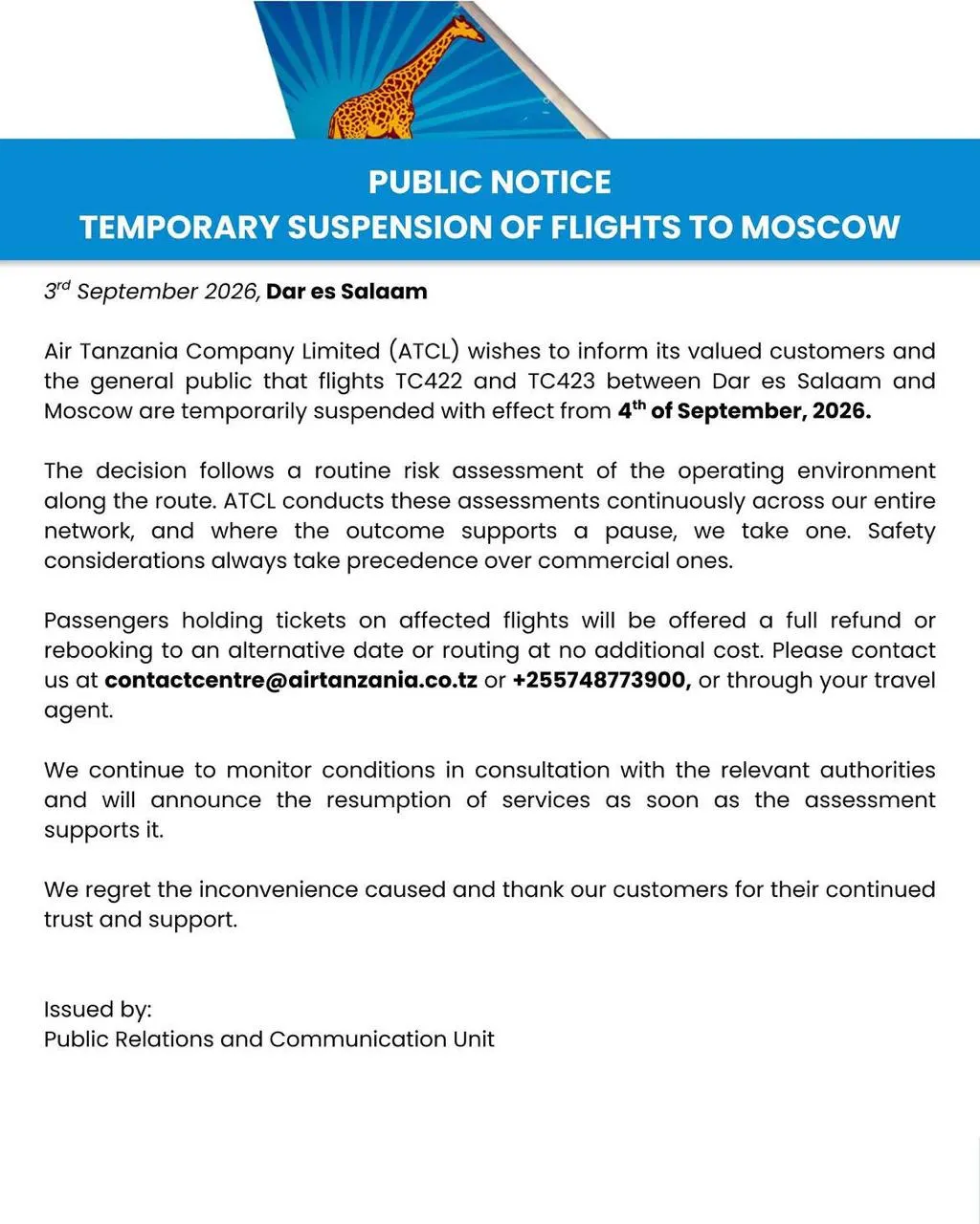 Air Tanzania Press Statement