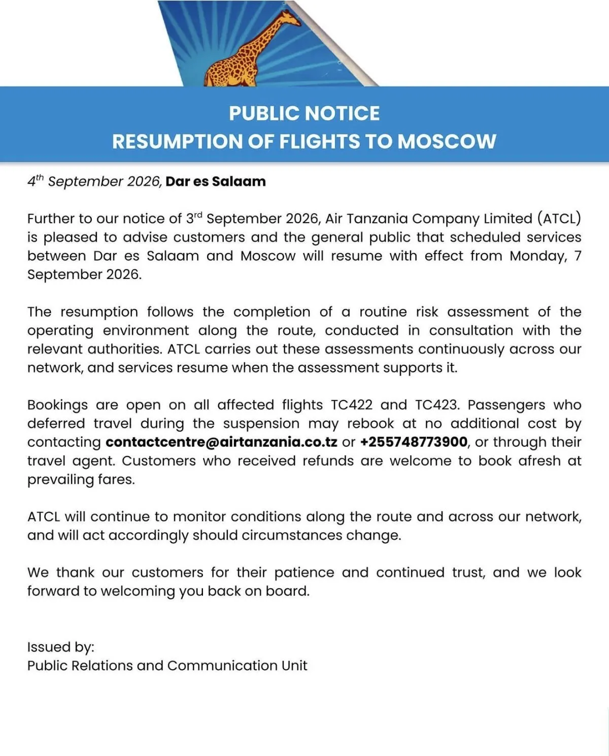 Air Tanzania announces the resumption of Dar-Moscow flights 24 hours after temporarily suspended